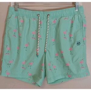 Party Pants Men Green Printed Pink Flamingos Drawstring Board Shorts Size‎ Xl